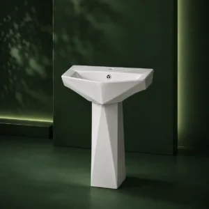VONDDW Glossy White Fluted Twisted One-Piece Floorstanding Ceramic Pedestal Basin Sink