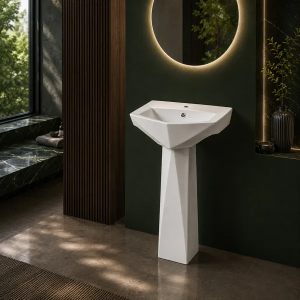 VONDDW Glossy White Fluted Twisted One-Piece Floorstanding Ceramic Pedestal Basin Sink (4) VONDDW Glossy White Fluted Twisted One-Piece Floorstanding Ceramic Pedestal Basin Sink