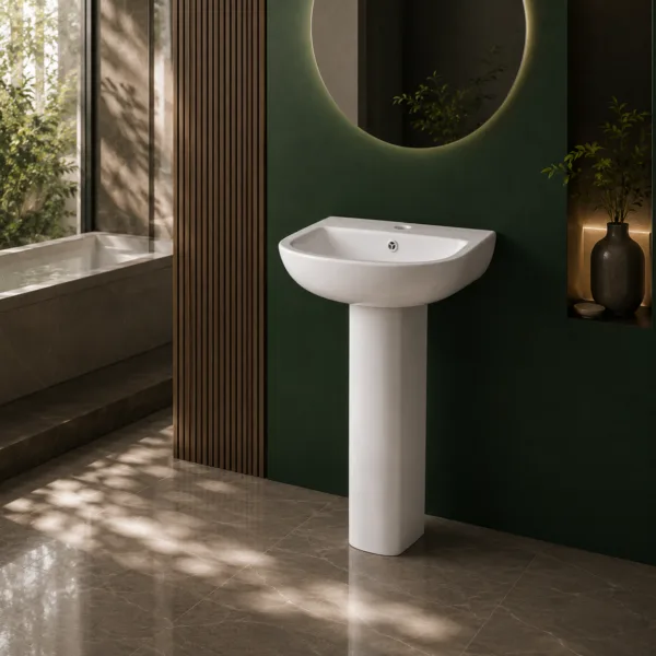 VONDDW Glossy White Tapered Square One-Piece Floorstanding Ceramic Pedestal Basin Sink (1) VONDDW Glossy White Tapered Square One-Piece Floorstanding Ceramic Pedestal Basin Sink