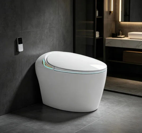 VONDDW P-Siphon, bodenmontiert, runde Toilettenschüssel, beheizbarer Sitz, Fernbedienung, glänzendes Weiß, Luxus-Smart-Toilette