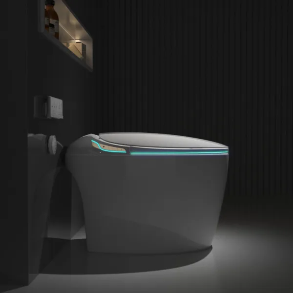 VONDDW P-Siphon, bodenmontiert, runde Toilettenschüssel, beheizbarer Sitz, Fernbedienung, glänzendes Weiß, Luxus-Smart-Toilette
